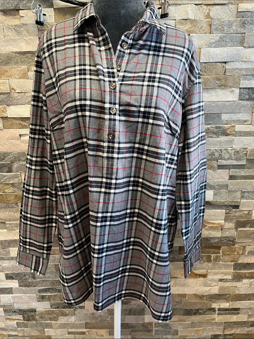 Coldwater Creek Gray Plaid Button-Front Women's Tunic with Red Accents
